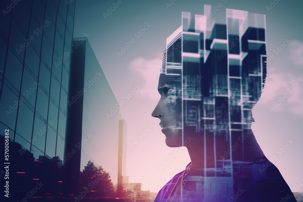 Poster abstract virtual ai interface with a holographic representation of a human head against a fuzzy mode