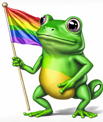 A friendly green amphibian holding a rainbow flag, the LGBT emblem, stands on a white background. Ideal to illustrate the rights of LGBTQ communities. Generative AI