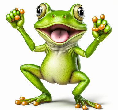 A funny little green frog that raises its arms to the sky to express its joy. A fun and cute mascot on a white background, ideal to communicate with humor and emotion. Generative AI