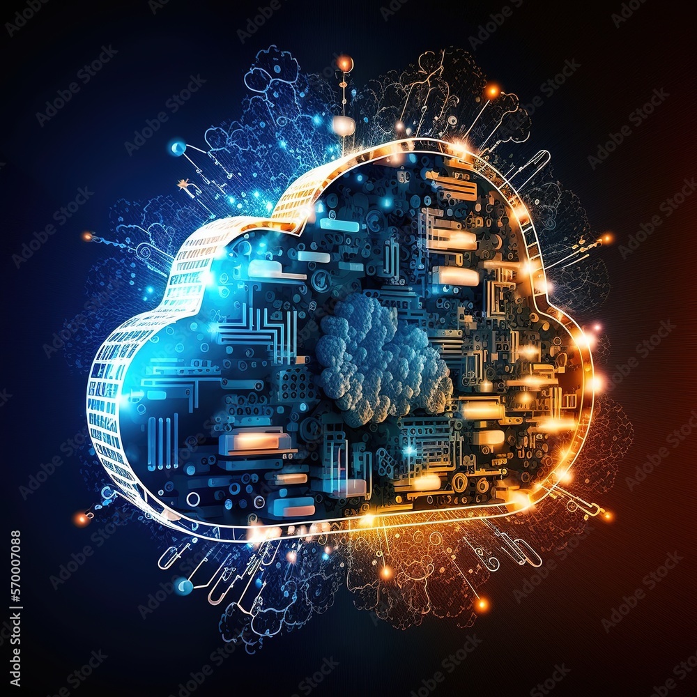 Poster concept of cloud computing technology for data transfer. the center has a sizable, noticeable cloud 