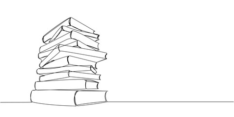 Stack of different sizes of books one line art. Continuous line drawing of book, library, education, school, study, literature, paper, textbook, knowledge, read, learn, page, reading.
