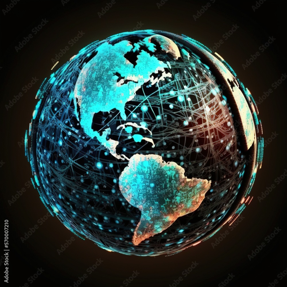 Poster connected through communication technology to the global internet network. European connection links for data transfer and communication, generative ai