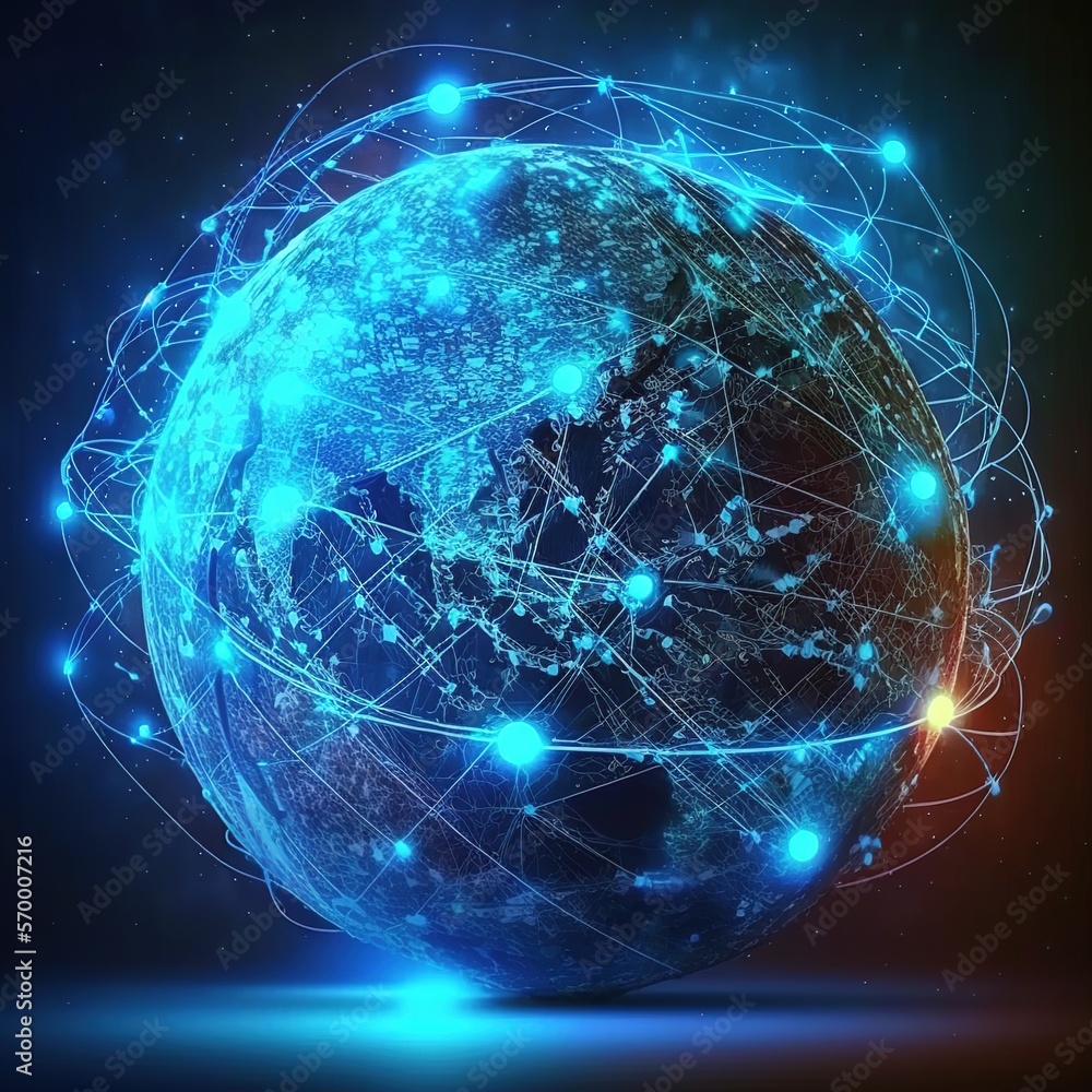 Poster connected through communication technology to the global internet network. european connection links