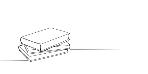 Three books are stacked one line art. Continuous line drawing of book, library, education, school, study, literature, paper, textbook, knowledge, read, learn, page, reading.