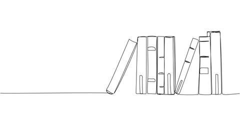 Old books are on the shelf one line art. Continuous line drawing of book, library, education, school, study, literature, paper, textbook, knowledge, read, learn, page, reading.