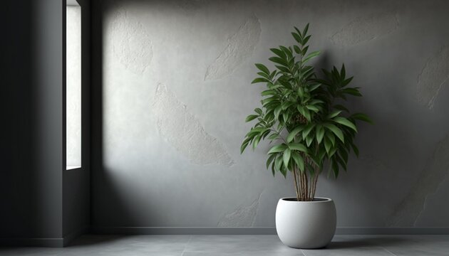 Modern interior background of room with blue gray stucco wall with copy space. Pot with plant.