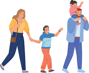 Fototapeta premium Happy family walking. Father carrying daughter. Smiling mother and son