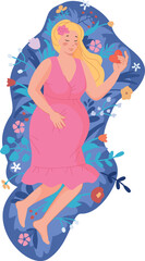 Sleeping pregnant woman with heart in hand. Floral composition