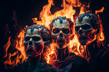 Zombies In Fire.  Apocalyptic. Halloween concept.  Generative AI.
