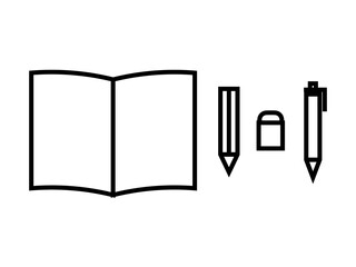 開いたノートと筆記用具セット：黒線