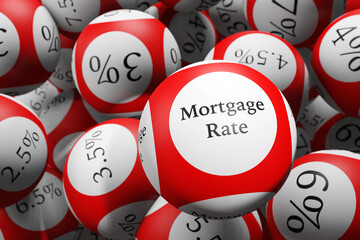 Red lottery balls showing different interest rates. Illustration of the concept of increasing mortgage rates and cost of living