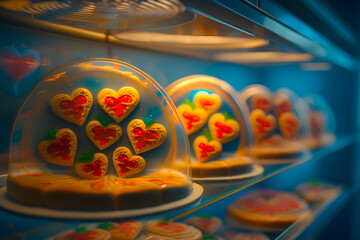Cookies with red jam on the windows of pastry shops, sale for Valentine's Day. Generative AI