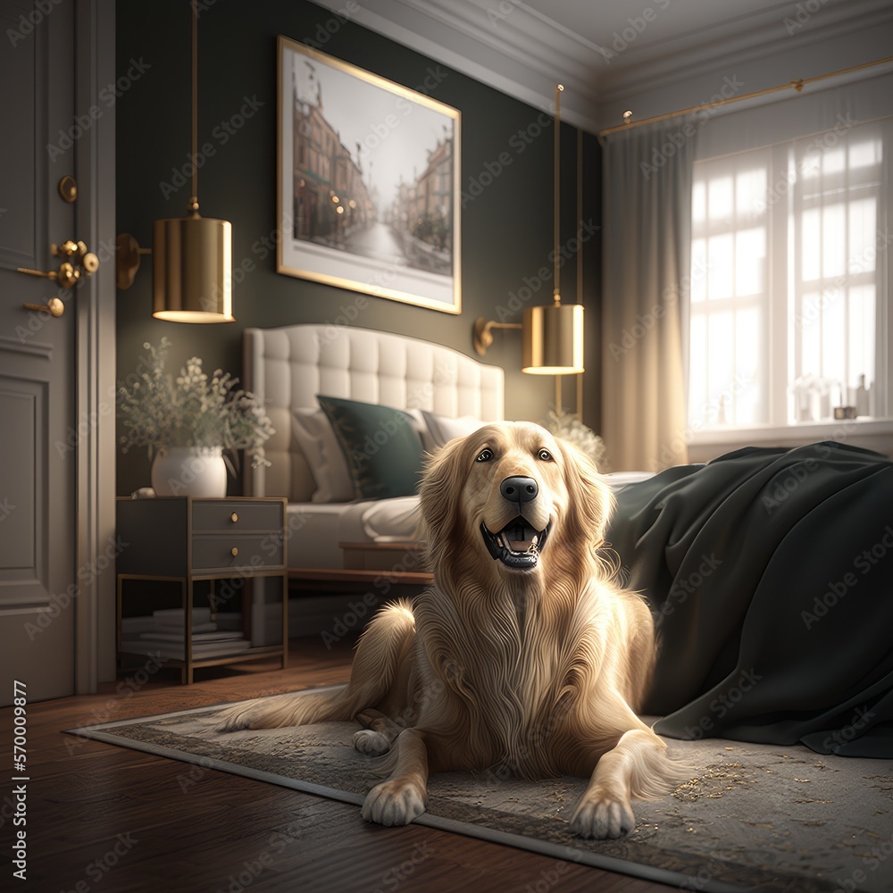 Wall mural Golden Retriever live in bedroom, Generative AI