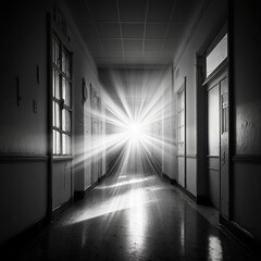 Rays of light in the hospital corridor, generative ai