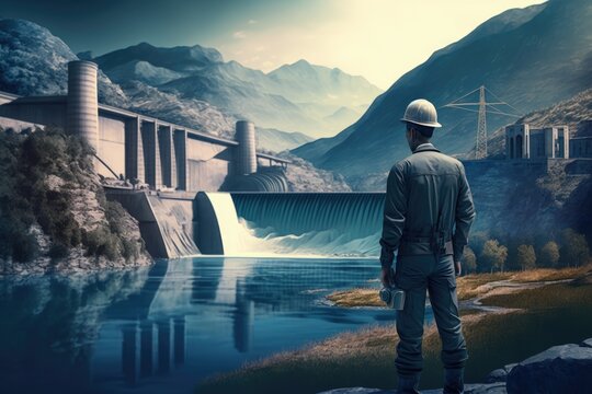 Engineer inspecting with Hydroelectricity dam background, Generative AI