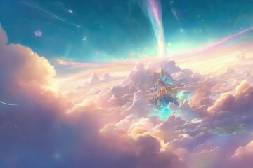 Obraz na płótnie Canvas Mountain with fantasy sky view, Fantasy sky view in digital art style, Illustration painting, Colourful sky view with cloudy, Magic sky in fantasy theme, Generative AI.