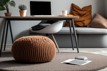 Brown carpet between pouf and grey sofa in white home office interior with chair at desk. Real photo. Generative AI