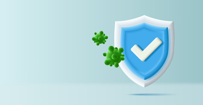 Blue shield with a checkmark, reflects green bacteria. Banner for protection against viruses, bacteria, pandemics. Immunology in medical facilities.