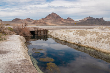 Scenic view of the canals of Bonneville Salt Flats in Wendover, Western Utah, USA, America. Looking...