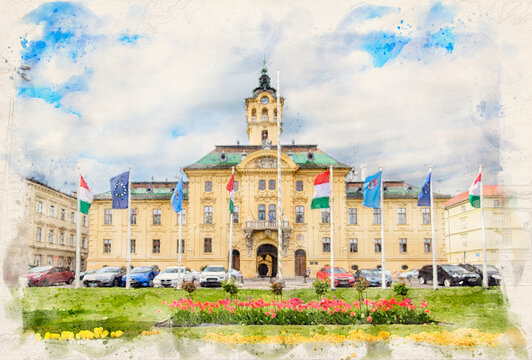 The City Hall of Szeged, Hungary in watercolor illustration style. 
