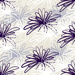 Seamless pattern of white and gray flowers in continuous line sketch doodle style. Vector illustration isolated on a black background