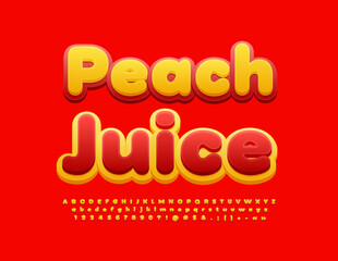 Vector creative Emblem Peach Juice. Modern Bright Font. Colorful Alphabet Letters and Numbers for Kids