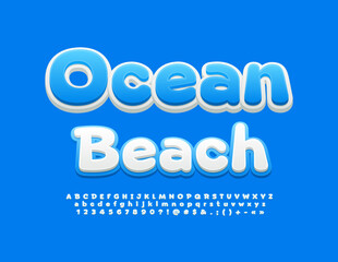 Vector travel Emblem Ocean Beach. Creative 3D Font. Modern Alphabet Letters, Numbers and Symbols set