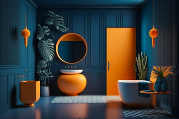 Modern orange Bathroom interior design on dark blue wall.  Idea for interior design. AI