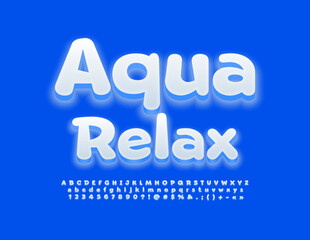 Vector recreational sign Aqua Relax with White glowing Font. Funny style Alphabet Letters, Numbers and Symbols set