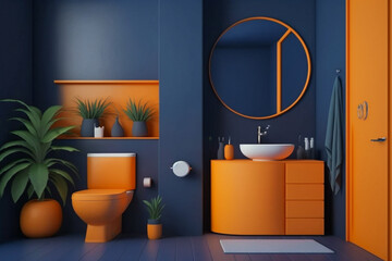 Modern orange Bathroom interior design on dark blue wall.  Idea for interior design. AI