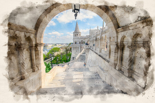 Fisherman's Bastion in Budapest, Hungary in watercolor illustration style. 