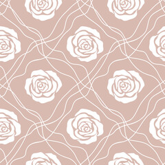 Pastel pink seamless pattern with white abstract contours of roses. Floral monochrome background for printing on fabric, bed linen, wallpaper, curtains, beauty packaging.