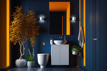 Modern orange Bathroom interior design on dark blue wall.  Idea for interior design. AI