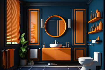 Modern orange Bathroom interior design on dark blue wall.  Idea for interior design. AI
