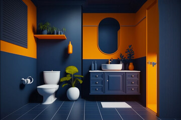 Modern orange Bathroom interior design on dark blue wall.  Idea for interior design. AI