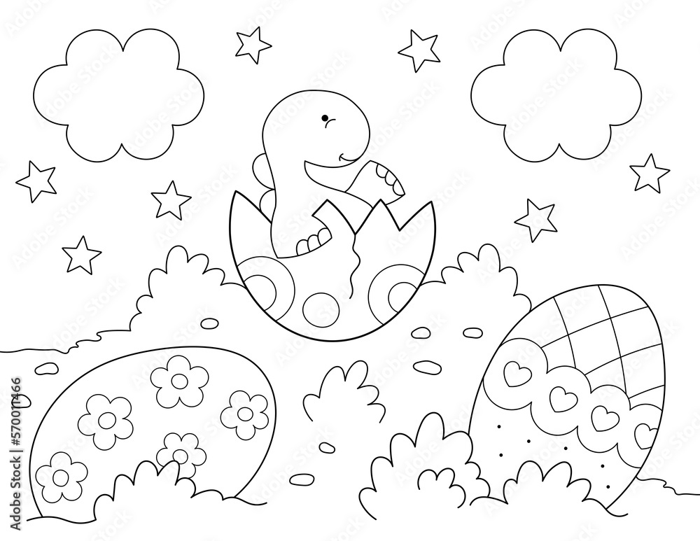 Wall mural easter coloring page, cute baby dinosaur hatching from egg. you can print it on 8.5x11 inch paper - Wall murals