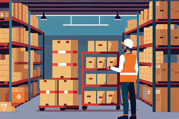 Warehouse worker supervisor wearing hardhat and reflective jacket walking in aisle between tall racks with packed goods, back view in Fulfillment Center. Generative Ai.