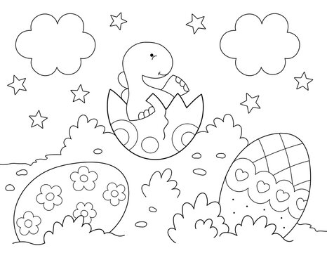 easter coloring page, cute baby dinosaur hatching from egg. you can print it on 8.5x11 inch paper