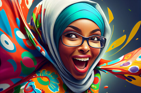 Close Up Portrait Of Attractive Arab Woman In Glasses And Colorful Vibrant Hijab Laughing. Generative AI Painting. Culture, East Tradition, Fashion Concept