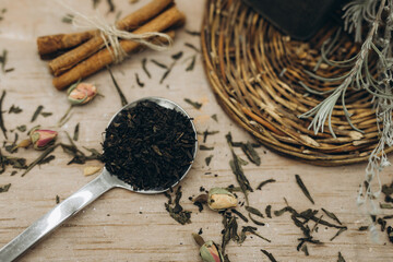 Spices, herbs and tea photo of tea for a menu or a website. Tea time with a book and vibe