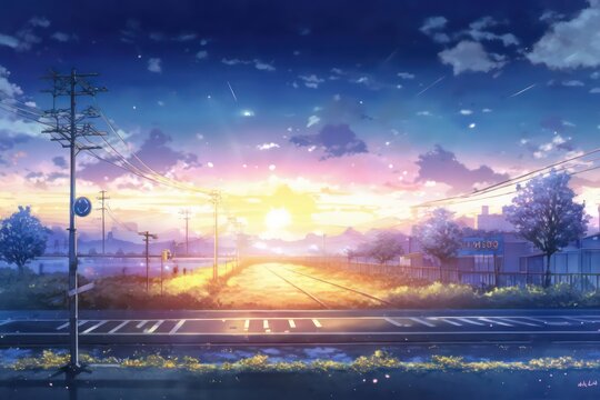 Sunset view with rail wallpaper background, Beautiful evening sunset light, Anime art background, Digital art, Illustration painting, Gorgeous wallpaper, Generative AI. 