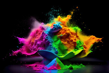 Holi explosion festival. Colorful powder bowl for abstract India color background. Generative AI