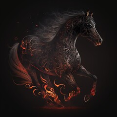 Obraz na płótnie Canvas Ink Wash Painting of a black stallion running. Flames and smoke. Black background.