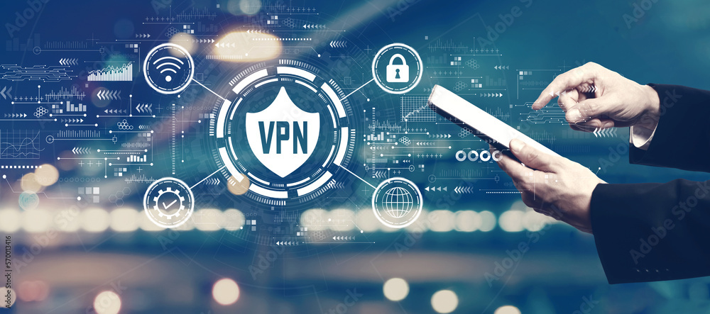Poster vpn concept with businessman using a tablet computer