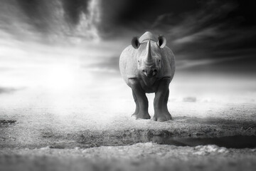 Black Rhino poster, black-and-white art: direct view of a huge Black rhinoceros, Diceros bicornis in a cloud of dust. Artistic postprocess, monochrome poster or illustration theme.