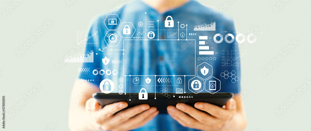 Poster cyber security theme with young man using a tablet computer