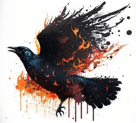 Ink Wash Painting of a flaming raven. ink drops and brush strokes