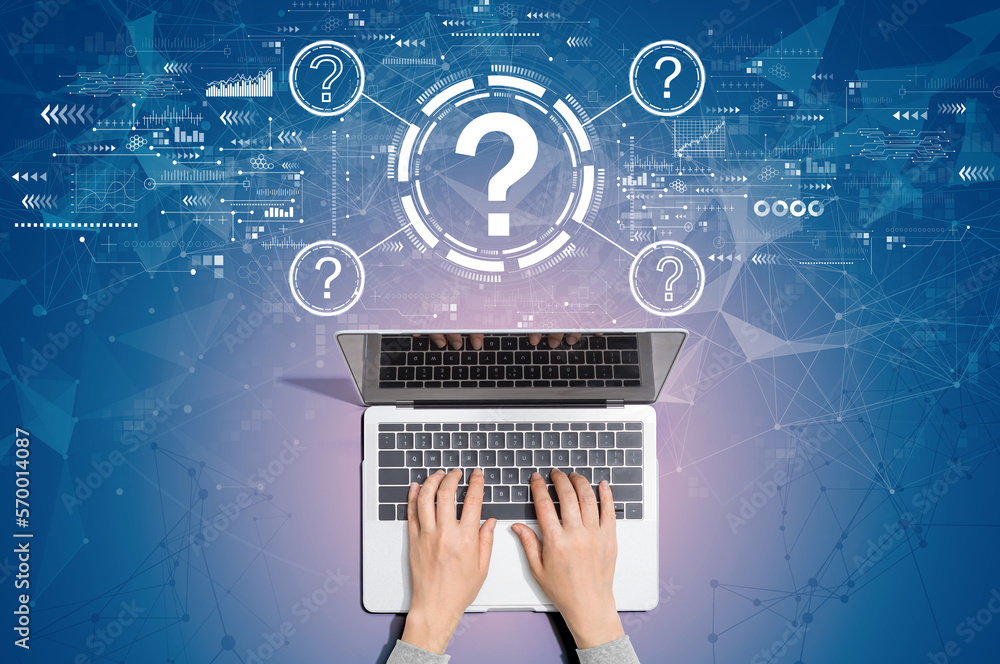 Poster question marks with person using a laptop computer