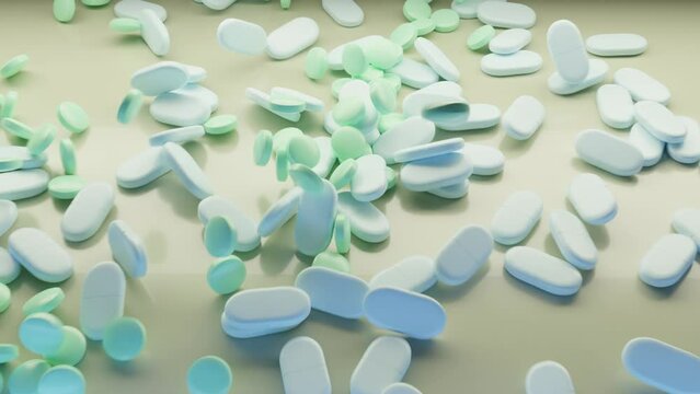 A 3D animation in 60 fps of many, blue and green pills falling and landing on a desk.