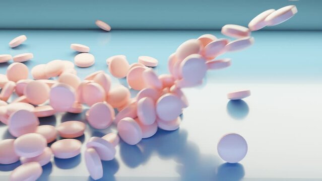 A 3D animation in 60 fps of many, red, pills falling and landing on a blue desk.